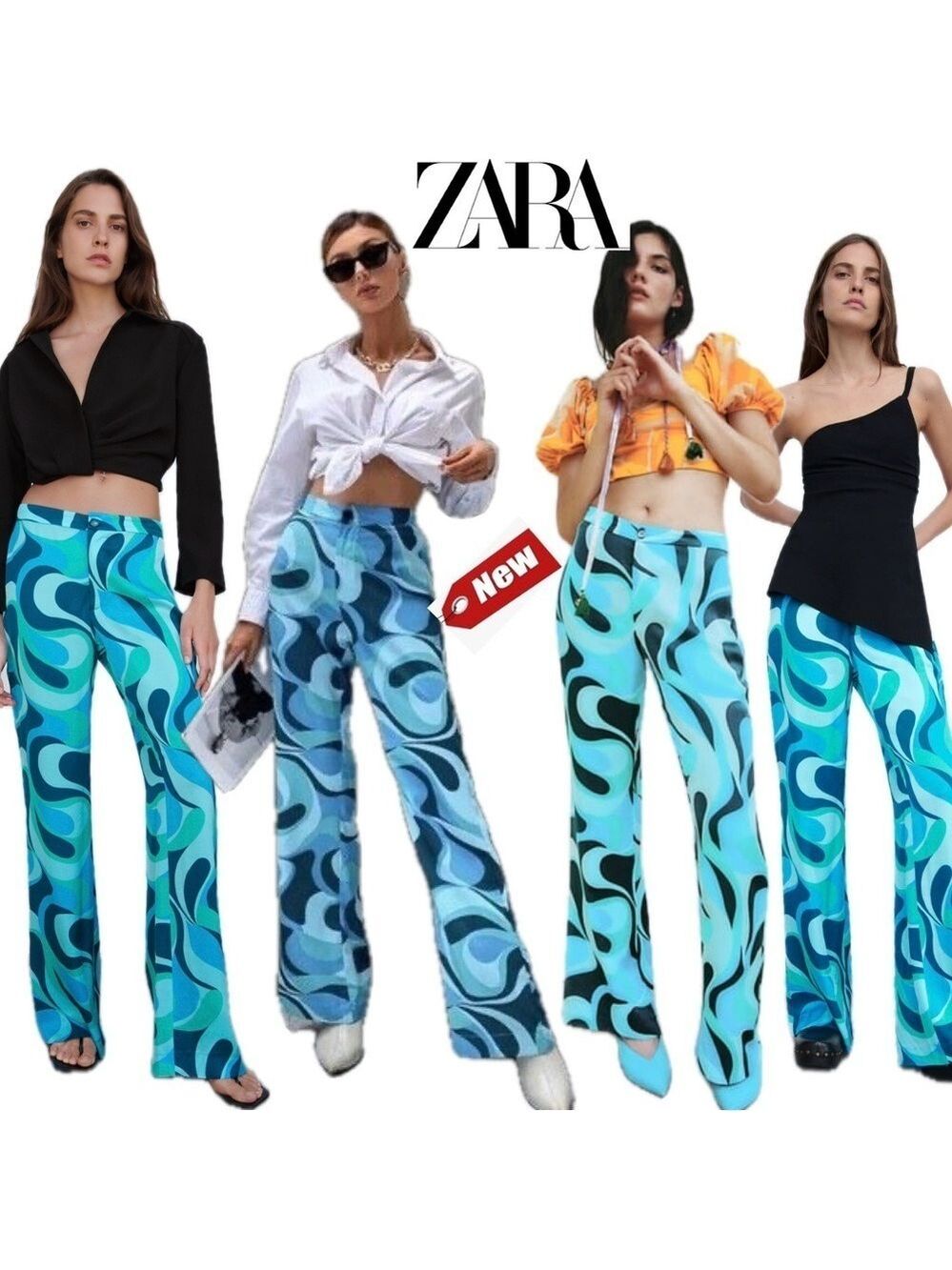 Zara blue Safia abstract swirl print flare high waisted pants Sz M NWT
